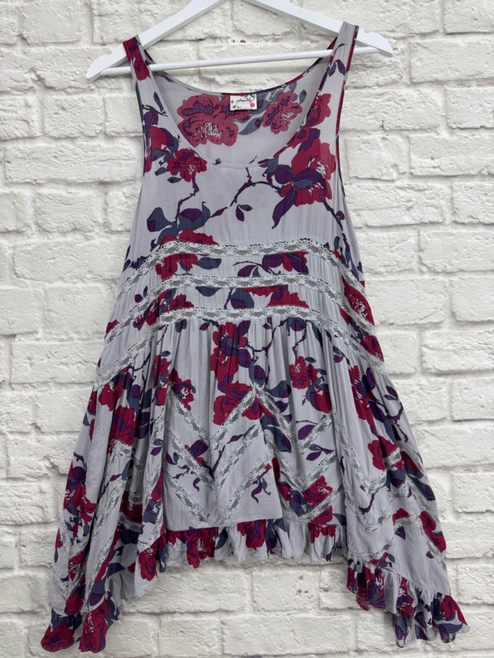 Free People Voile & Lace Trapeze Slip Dress Gray Red Floral Boho Size Small